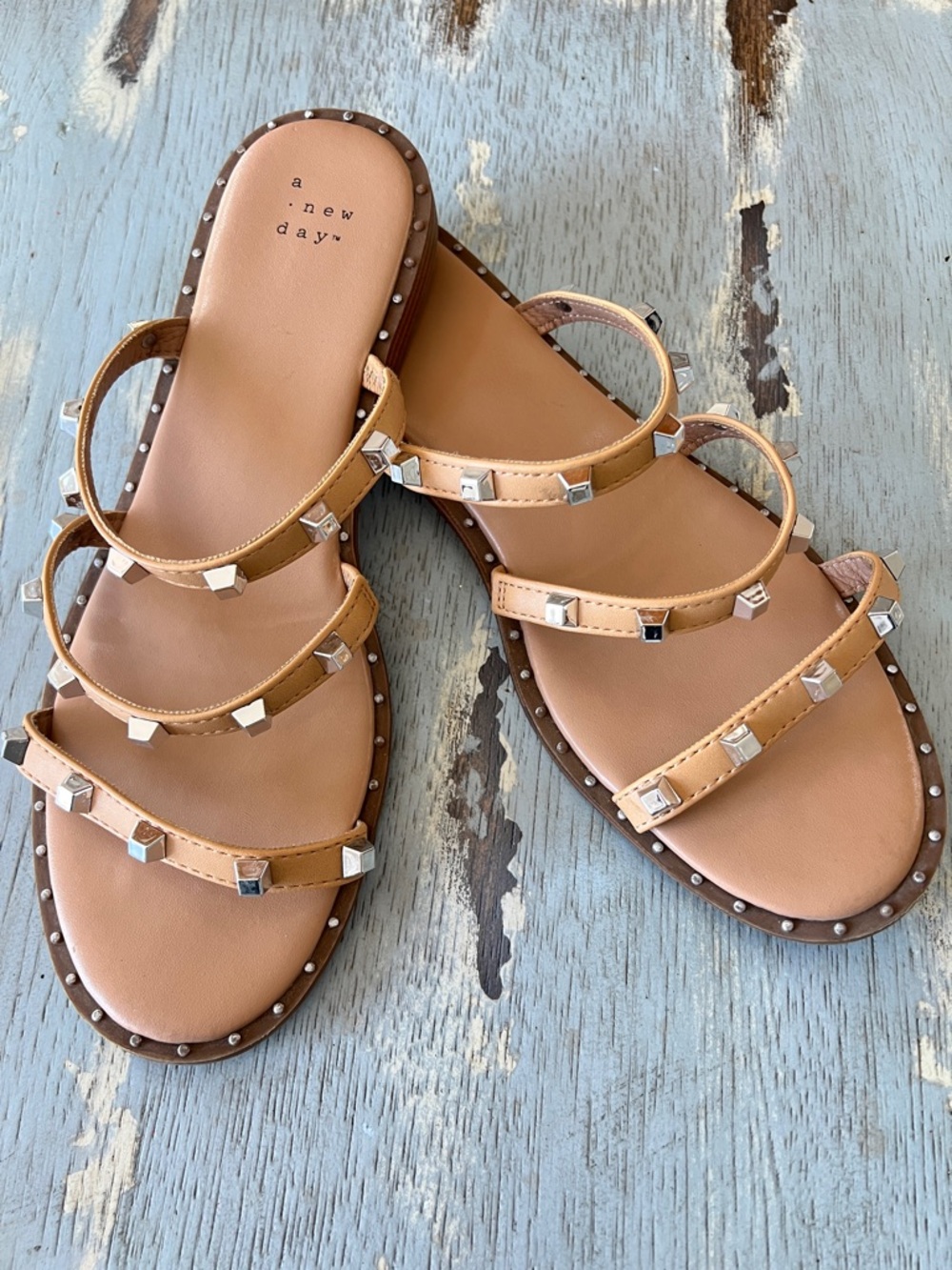 a new day Tan Studded Triple-Strap Slide Sandals